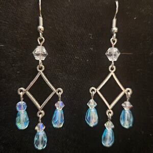 Antique silver connector and iridescent aqua glass crystal chandelier earrings